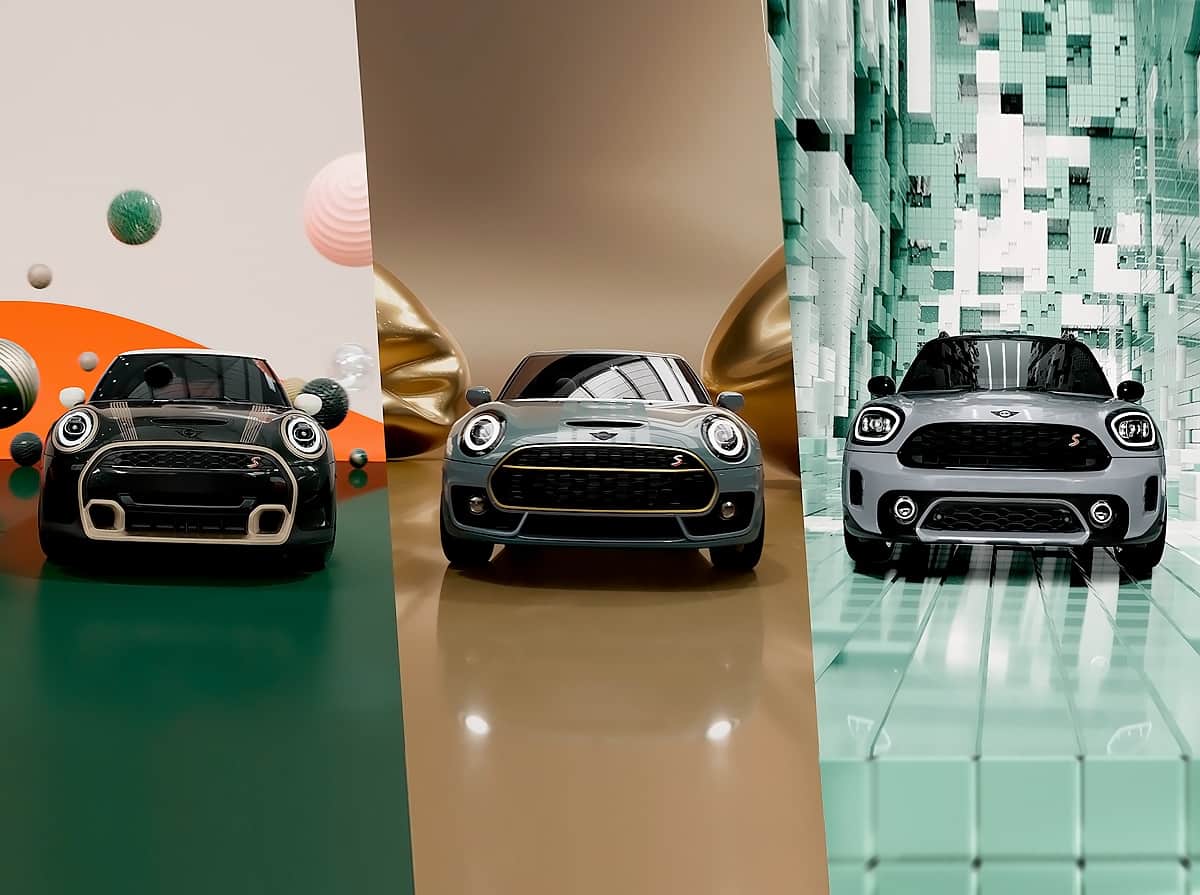 Front views of three MINI Special Edition vehicles— Untamed, Untold, and Resolute—separated into three different sections on the image
