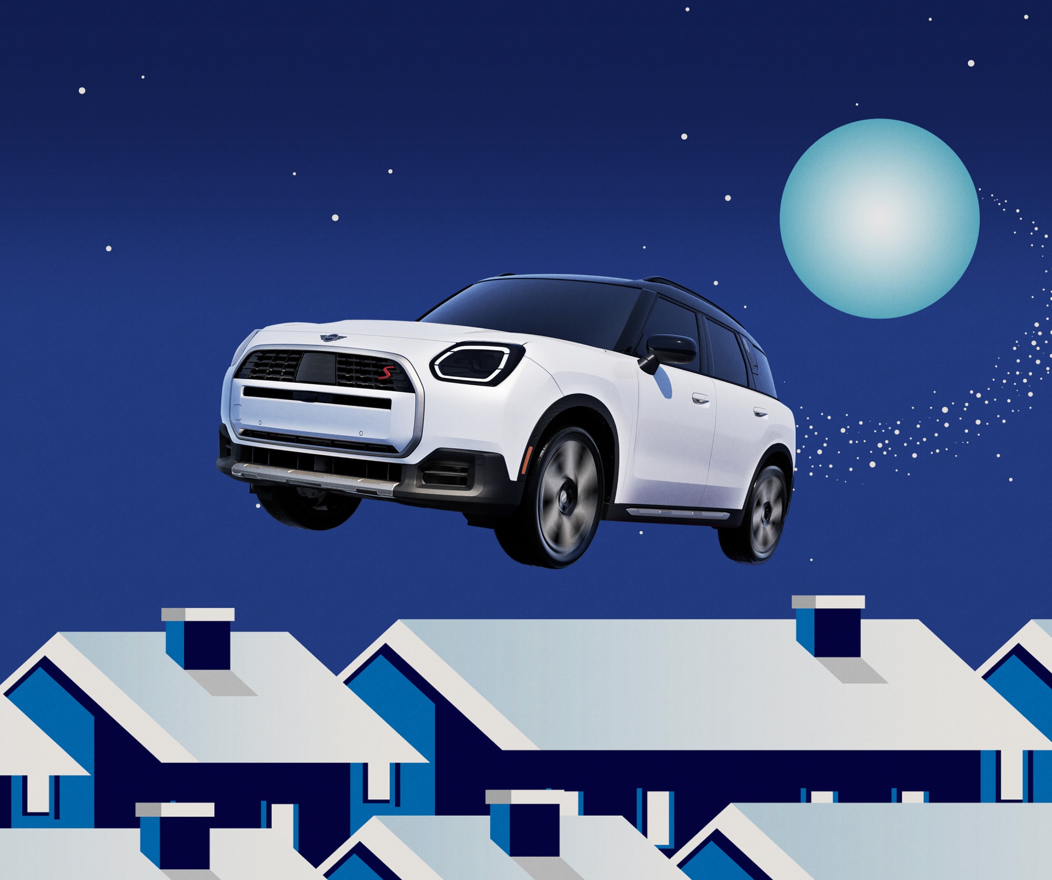 A cartoon style image of the MINI Countryman S ALL4 flying in the night sky with the moon behind it above blue and white houses.