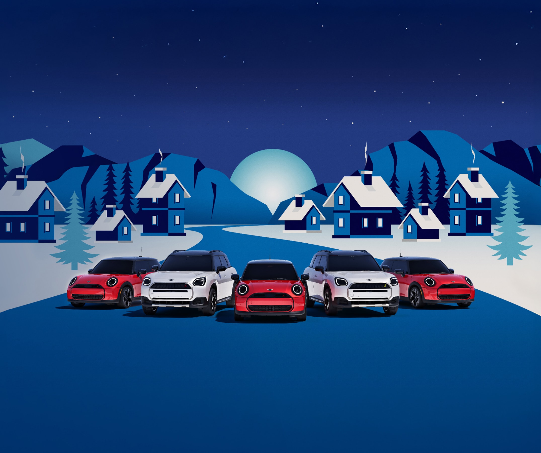 A cartoon-style image of two 2025 MINI Countrymans and three 2025 MINI Coopers parked and alternating in a line with houses, trees, moon, and night sky behind them.