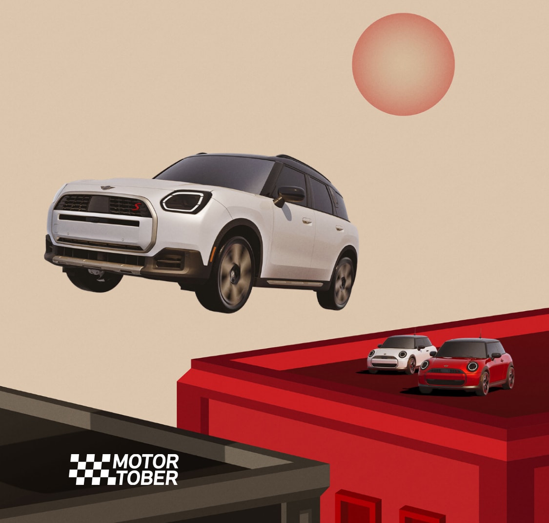 A cartoon style image of a MINI Countryman S ALL4 flying from the roof of one building to another with two more MINIs parked on the roof behind it and the MotorTober logo in the corner.