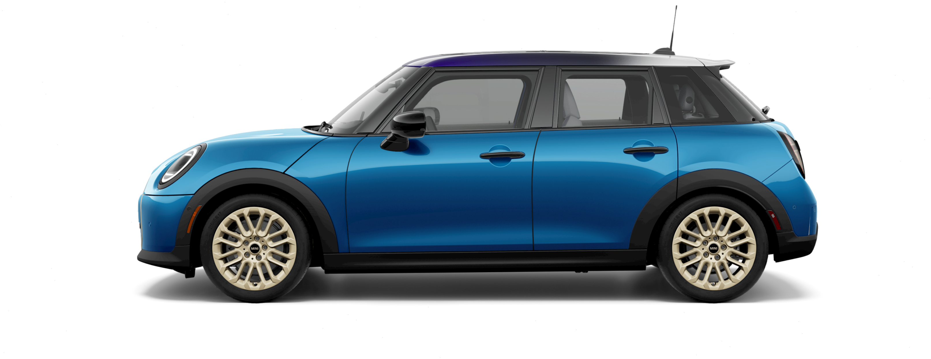 Side view of a 2025 MINI Cooper S 2 Door  ALL4 in the Icy Sunshine Blue body color, facing left with its shadow underneath it.