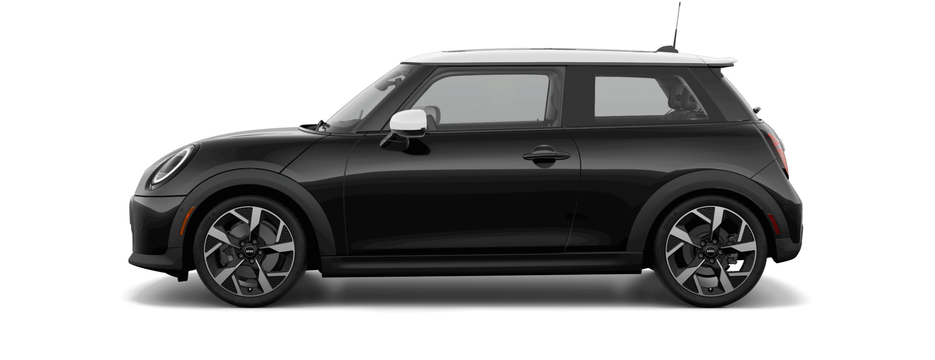 Side view of a 2025 MINI Cooper S 2 Door in the Midnight Black II Metallic body color, facing left with its shadow underneath it.
